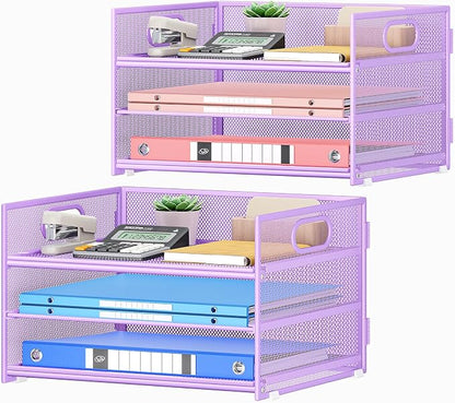 Subekyu 2-Pack 3-Tier Purple Metal Mesh Desk Paper Letter Tray & File Sorter Organizer with Handle + 1 Sliding Tray for Desk, Home, Office, School Supplies, A4 Paper and Accessories Storage