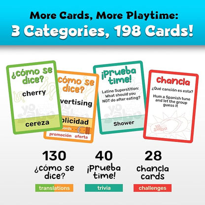 Yo Sabo: Edition 2 - Family Friendly Bilingual Card Game - More Cards, More Game Time - Learn Spanish with Cómo Se Dice, Trivia, & Hilarious Challenge Cards - 198 Cards
