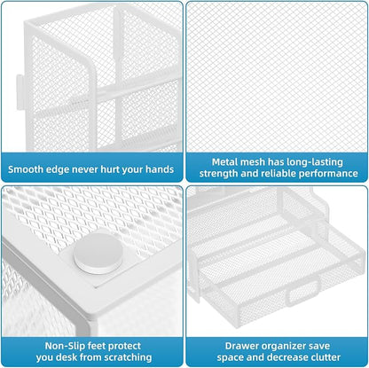 Marbrasse Larger Mesh Desk Organizer with Drawer, Multi-Functional Pen Pencil Holder, Easy Assembly, Desk Organizers and Accessories for Office Art Supplies (White) | Multi-Functional Pen Pencil Holder, Easy Assembly, For Office Art Supplies