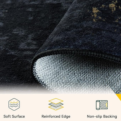 RELEANY Washable Area Rugs 4ft Non-Slip Modern Abstract Soft for Living Room Entryway Bedroom Kitchen, Print Pattern, Dark Black Gold