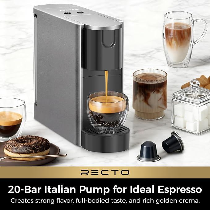 CHULUX RectoCafé Espresso Coffee Machine for Nespresso Original Pod, Gray | Extra Mini Design, 20 Bar Professional Italian Pump, Food-Grade Materials, Quiet with Low-Vibration Brewing for Home & Office