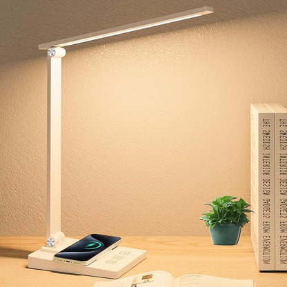 LED Desk Lamp with Wireless Charger and USB Charging Port,Desk Lamps for Home Office,Study Dimmable Table Lamp Desk Light,5 Colors Stepless Dimming,Eye-Caring Desk Lamp for College Dorm Room