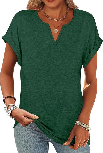 Womens Tops Dressy Casual V Neck Rolled Sleeve T Shirts Fashion Clothing Business Casual Outfits Beach Vacation Clothes