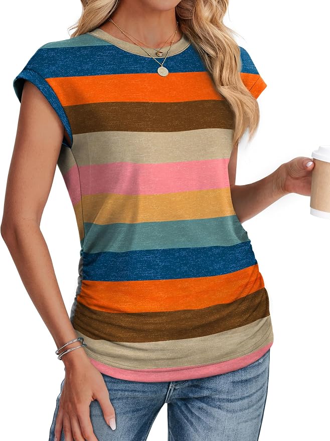 Sampeel Womens Summer Tops Trendy 2026 Ruched Cap Short Sleeve Tshirts Shirts Crew Neck T Shirts Fashion