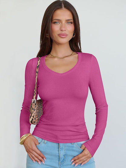 ANRABESS Long Sleeve V Neck Shirts for Women | Soft Comfy Ribbed Knit Fitted Tshirts, Casual Going Out Tops, 2026 Trendy Basic, Fall Winter Underscrub Layering Clothes