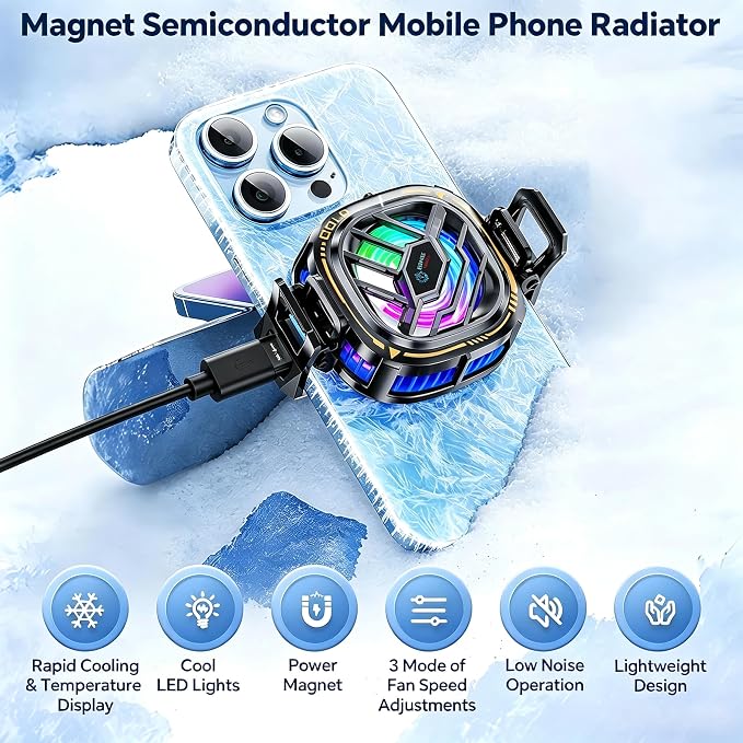 CHONCHOW Magnetic Cell Phone Cooler, RGB Phone Cooling Fan Portable Lightweight Mobile Phone Cooling Fan, Phone Radiator with Larger Cooling Area for Phone/Tablet/IPad (with Digital displays)