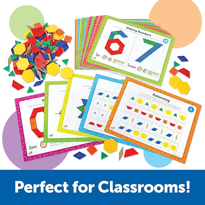 Learning Resources Pattern Block Math Activity Set - 144 Pieces, Age 5+, Educational Kindergartner Games, Fine Motor Skills