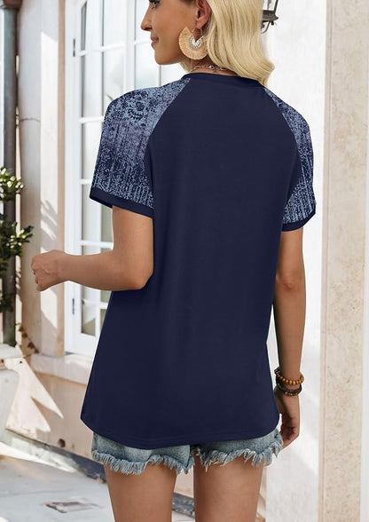 WIHOLL Womens Summer Tops Color Block Short Sleeve Raglan Shirts Spring Fashion Clothes Vacation Outfits