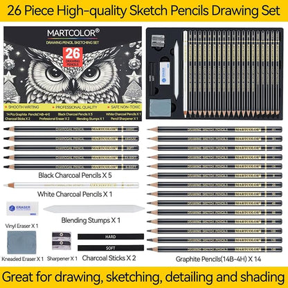 MARTCOLOR Drawing Sketching Pencil Set, 26 Pieces, Graphite Pencils (14B-4H), Charcoal Pencils, Charcoal Sticks, Blending Stump, Eraser, Sharpeners, Artist Pencils for Beginners & Pro Artists