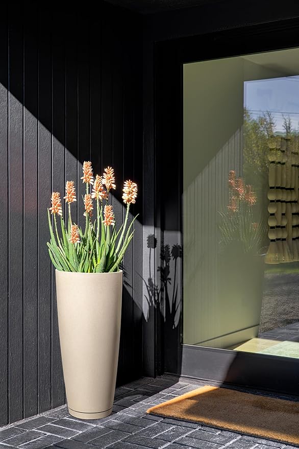 Veradek Vega Round Tall Planter Pots for Indoor/Outdoor Use | Made from Plastic - Stone Mix with Drainage Holes | Perfect for Small to Large Succulent Plants, Flowers, Modern Interior Plants