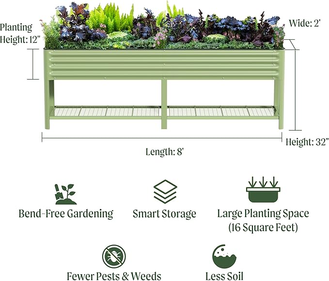 Elevated Raised Garden Bed-V Series, 2' x 8' Garden Beds with Legs & Storage Rack for Patio Porch, 1400 Lbs Weight Capacity, Outdoor Planter Boxes for Gardening Herbs Vegetables Flowers, Olive Green