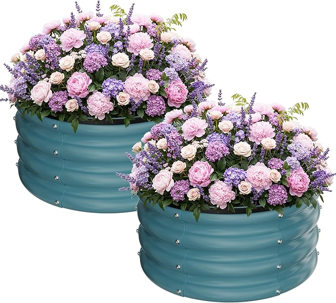 ZXZYHFTY Round Galvanized Raised Garden Bed kit,Blue Outdoor Garden Raised Planter Box, Round Large Metal Raised Garden Beds for Vegetable 2 * 2 * 1ft 2 Pcs