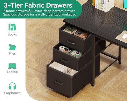AODK 63 Inch Computer Desk with Drawers & USB Power Outlets | Reversible Home Office Desk with Storage Shelves, Work from Home, Modern Work/Writing/Study Table for Bedroom, Black