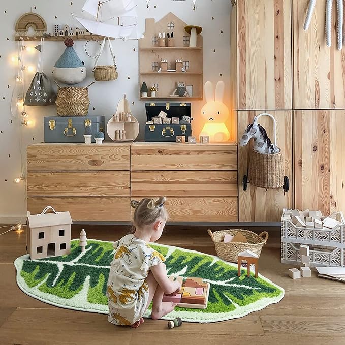 Leaf Kids Rug Green Bathroom Runner Rug Small Cute Bath Mat Nursery Boho Area Rug Non Slip Long Carpet for Bedroom Children Room Kitchen Monstera Plant Home Decor 20x47 inch