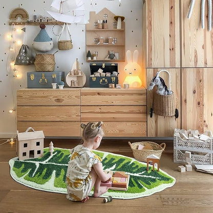 Leaf Kids Rug Green Bathroom Runner Rug Small Cute Bath Mat Nursery Boho Area Rug Non Slip Long Carpet for Bedroom Children Room Kitchen Monstera Plant Home Decor 20x47 inch