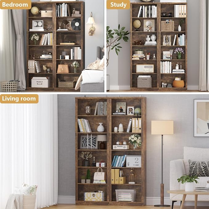 Thacuok 75" Tall Bookshelf Set of 2, 6 Tier Bookshelf with Adjustable Shelves, Bookcase with Anti-Tipping Device, Floor Standing Modern Display Rack,Book Shelf for Living Room, Bedroom, Office, Brown