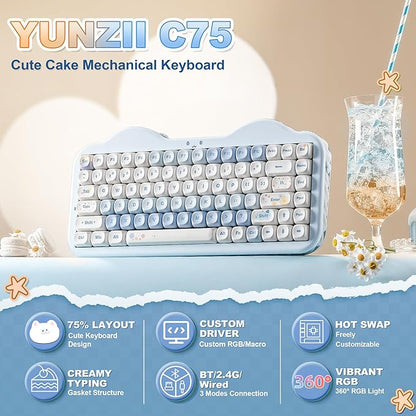 YUNZII C75 Cute 75% Wireless Mechanical Keyboard (Blue, Milk V2 Switch) | Creamy Cake Keyboard, BT5.0/2.4G/USB-C, Hot-Swap, NKRO, PBT MOA Keycaps,5500mAh RGB Gasket Mount for Mac/Win/Gaming/Office
