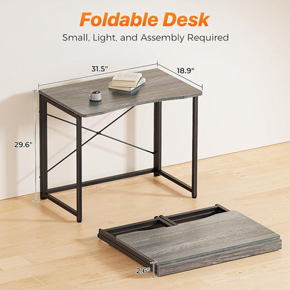 Huuger Folding Desk for Small Spaces, 31.5 Inch Foldable Computer Table, Easy Assembly, for Home Office, Study, Bedroom, Dorm, Space Saving, Small Writing Work Office Computer Desk, Grey