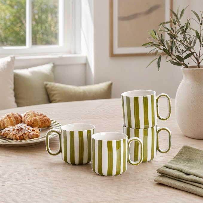 Ceramic Coffee Mugs Set of 4, 8.5 oz Stoneware Coffee Cups with Handle | Small Aesthetic Green Stripe Latte Tea Mug for Latte Tea Hot Chocolate, Microwave and Dishwasher Safe (8.5 oz)