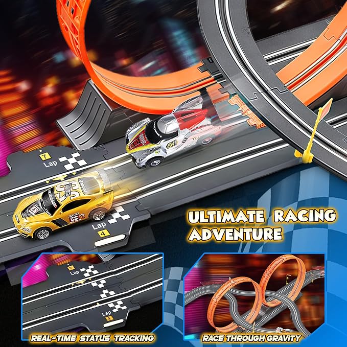Slot Car Race Track Sets,2 in 1 Race Car Track with 4 High-Speed Slot Cars，Gift Toy for Boys Kids Ages 5 6 7 8-12,Dual Power (Source) Cars Track,Dual Racing Game Lap Counter Circular Overpass Track