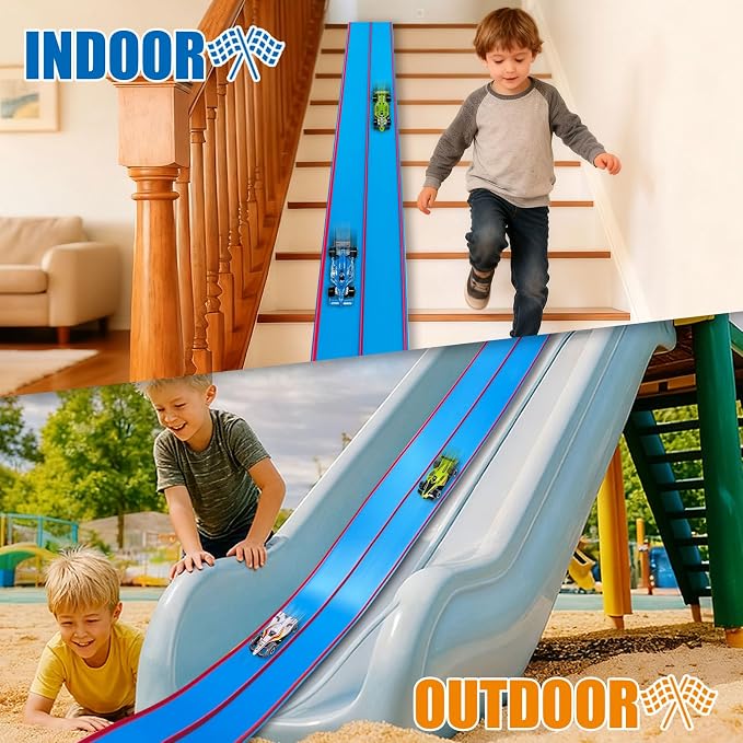 Flexible Race Track Toys for Kids, 15 Ft Double Lane Racetrack with 4 Cars & Suction Cups, Compatible with Hot Wheels & 1/64 Diecast Cars, Portable Roll Up Car Ramp Track Set for Ages 3+(Blue & Red)