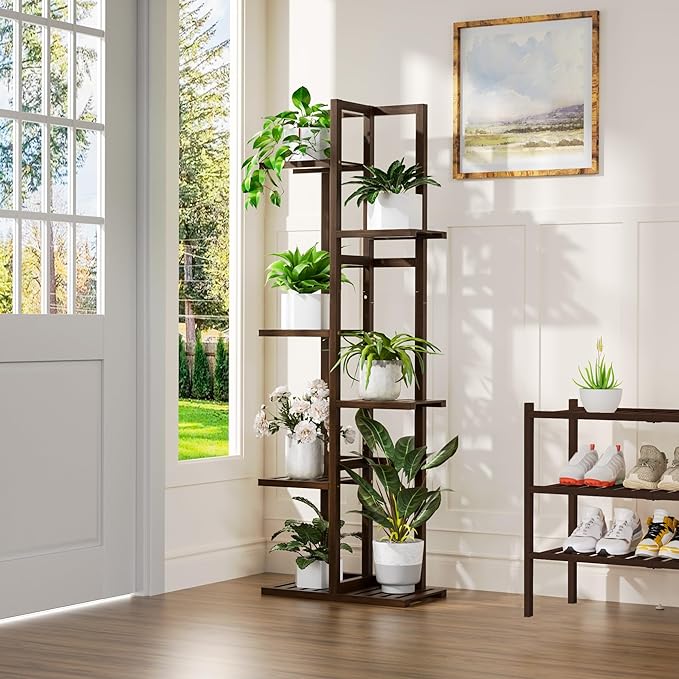 6 Tier Bamboo Plant Stand Indoor, Wood Tall Flower Holder Corner Tiered Plant Shelf for Multiple Plants (Brown)