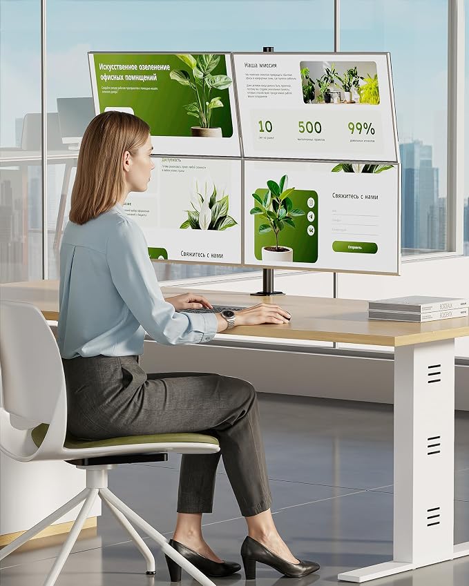 monTEK Quad Monitor Stand for Four 17-32" Screens, 22 lbs Each | Four-screen desk mount, height adjustment, tilt, swivel, rotation, clamp/grommet bases and VESA 75/100
