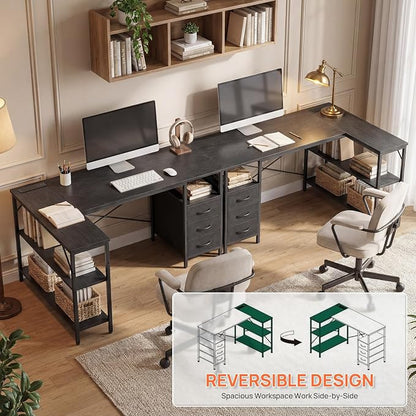 Alpen L Shaped Computer Desk, 47 Inch Corner Desk with Drawers and Power Outlets, Home Office Desk for Gaming, Study Writing PC Table with Storage and Reversible Shelf, Black