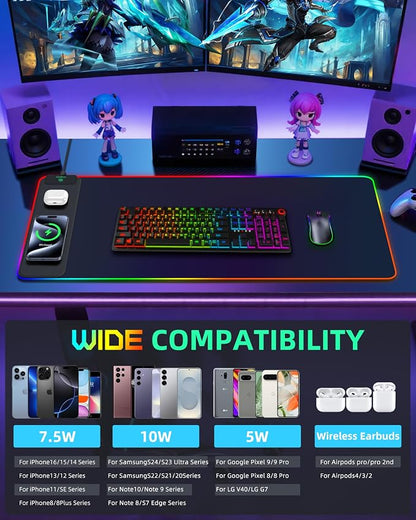 Mouse Pad with Wireless Charging, RGB Gaming Desk Mat, 31.5"x15.7" Large XXL Desk Pad, 15 Lighting Modes, Non-Slip Mouse Mat, Waterproof Computer Keyboard Pad, Black with 20W PD Power Adapter
