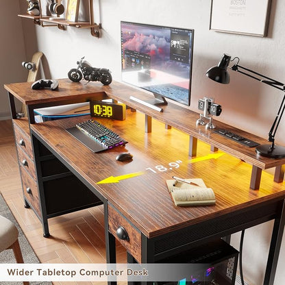 Furologee 60" Computer Desk with 4 Drawers, Power Outlet, LED, Rustic Brown | Home Office Desk with Full Monitor Stand,Storage Shelves, 4 File Drawers Cabinet ,Printer Space for Study Working Bedroom