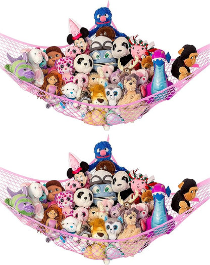 Stuffed Animal Hammock 2 Pack | Corner Stuffed Animal Storage & Plushie Net | Toy Hammock for Stuffed Animals | Holds 12lbs | Easy Hang, All Hardware Included | Pink Bedroom Decor | by Lilly's Love