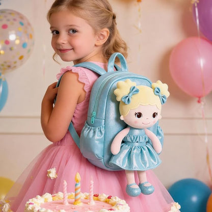 Lazada Toddler Backpack - Baby Girl Gifts Curly Fingerprints Plush Doll Dress Backpack - Fashion Girls Curly Rolled Fingerprints Series - Lake Blue 11 Inches