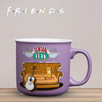 Silver Buffalo FRIENDS Central Perk Smelly Cat, Ceramic Camper Mug, 20oz | Iconic Orange Couch and Guitar, Pheobe's, 0.59 Liters