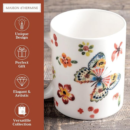 Maison d' Hermine Coffee Mug with Handles Tea Cups (15 Ounce, Pack of 1) | Fine Bone China Coffee Mugs for Hot Beverages Cappuccino Latte Home Spring Summer -Happy Florals - High Summer Butterfliess
