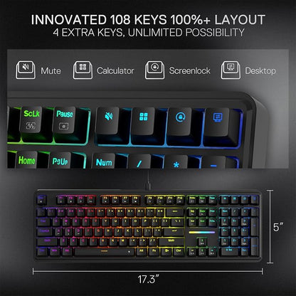 Redragon K745 Wired 108-Key Gasket RGB Gaming Keyboard, 4 Extra Hotkeys | Dedicated Shortcut Keys for Mute, Calc & Desktop, Cushioned 5-Layer Dampening for Creamy Thocky Sound, Programmable Software