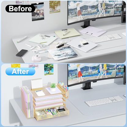 gianotter 5-Tier Desk Organizer with Drawers and File Holders | Letter Trays and Pen Holders - Workspace Accessories for Office Supplies (Gold)
