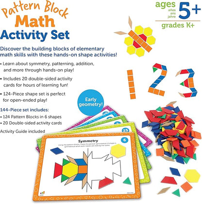Learning Resources Pattern Block Math Activity Set - 144 Pieces, Age 5+, Educational Kindergartner Games, Fine Motor Skills