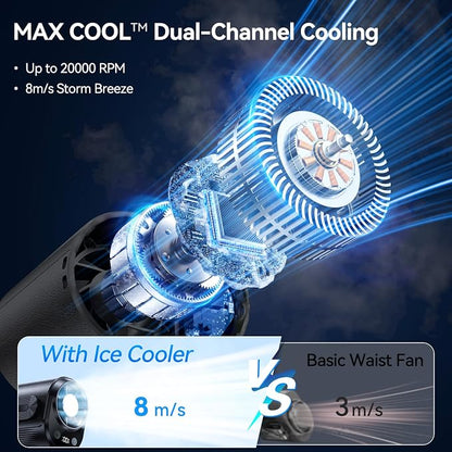 KIMMOO AI Portable Rechargeable Waist Fan with Ice Cooler, 24H Max Cooling, 100-Speed 20000RPM Turbo Cooling Battery Personal Fan, Hands-Free Shirt/Belt/Neck Fan for Work Outdoor Travel, Black