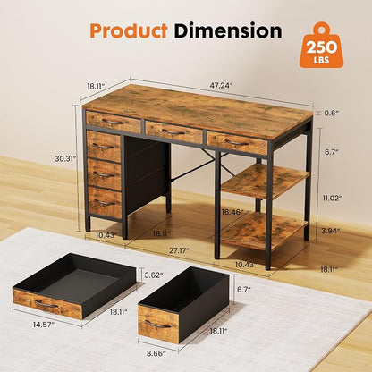 Sweetcrispy 47" Computer Desk with 6 Fabric Drawers & Storage Shelves | Reversible Gaming Desk, Office Desk, Computer Workstation, Corner Desk with Storag, Home Office, Living Room, Rustic Brown