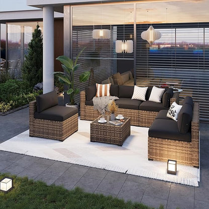 Aoxun Patio Furniture Sets, 7-Piece Outdoor Patio Furniture with Thick Cushions, Wicker Outdoor Conversation Set Sectional Sofa for Backyard, Poolside, Garden