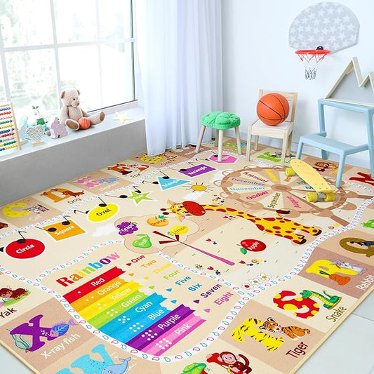 Chicrug Educational Kid Area Rug for Playroom, 4x6 Feet TPR Non Slip Kids Classroom Carpet Rug for Learning ABC Animal, Shape Color Fruit, Washable Play Mat Rug for Children Nursery Toddler Room Decor