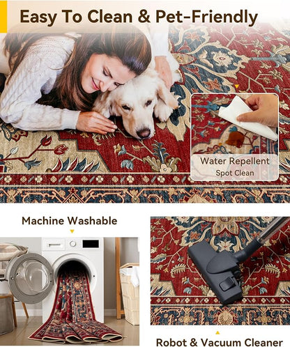 RELEANY Area Rugs Square 8ft Washable Non-Slip, Floral Vintage Distress Medallion Carpet for Living Room Bedroom Dining Room, Red Blue