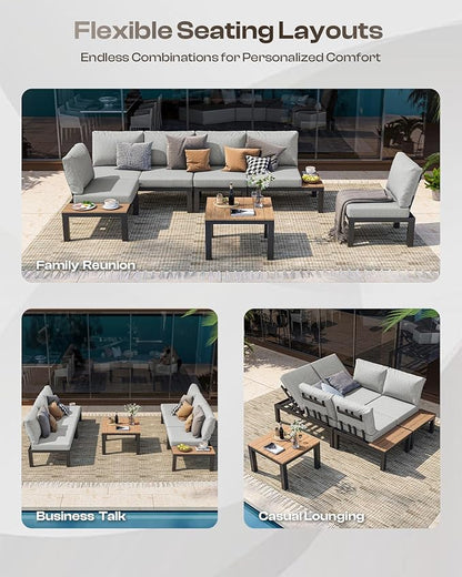 Aluminum Outdoor Patio Sofa Set, 2 Seats Modular Sectional Reclining Loveseat Sofa with Adjustable Backrest & Removable Cushions, All-Weather Conversation Sets for Garden & Yard, Gray
