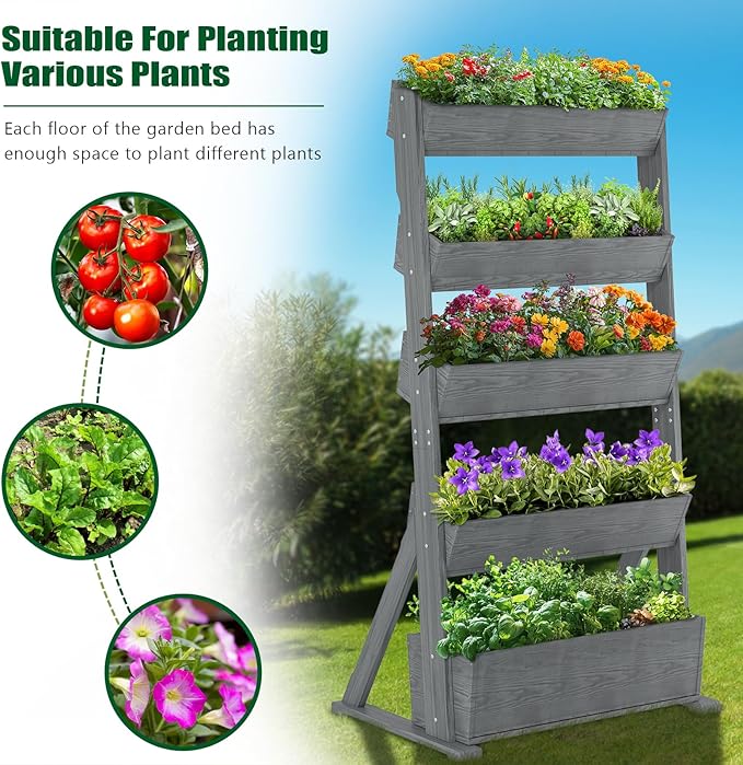 SUNYRISY 4 Tiers Vertical Raised Garden Bed Outdoor Planter Tower, Wooden Freestanding Planter Box for Planting Herbs Flowers Vegetables Backyard Patio Balcony Indoor Outdoor Gardening, Grey