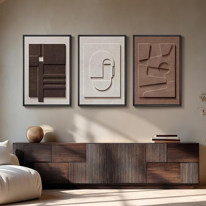 Large 3D Textured Framed Neutral Abstract Wall Art, 3 Piece Modern Artwork for Walls, Minimalist White Brown Geometric Wall Paintings for Living Room, Dining Room, Lounge, Bedroom Wall Decor 20x30 In