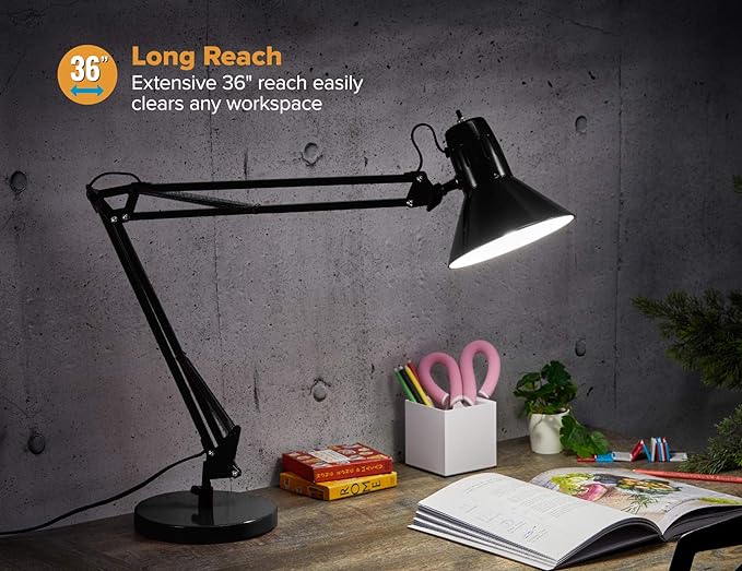 Bostitch Office VLF100D Swing Arm Desk Lamp, Metal, 36" Reach with Multi-Joint Adjustment, Includes Replaceable LED Bulb (VLF), Black
