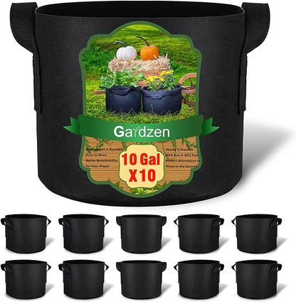 Gardzen 10-Pack 10 Gallon Grow Bags, 300G Thickened Aeration Fabric Pots with Handles, Heavy Duty Cloth Pots for Plants