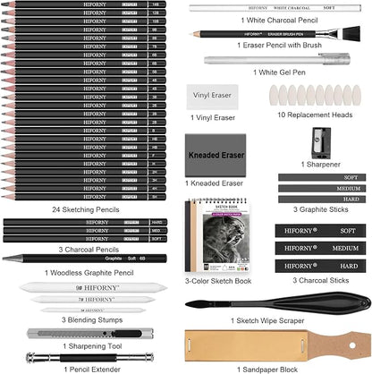 HIFORNY 58 PCS Drawing Kit Sketching Pencil Set,Sketch Pencils Art Supplies with 3-Color Sketchbook,Graphite,Charcoal,Blending Tools,Drawing Pencils for Adults Artists