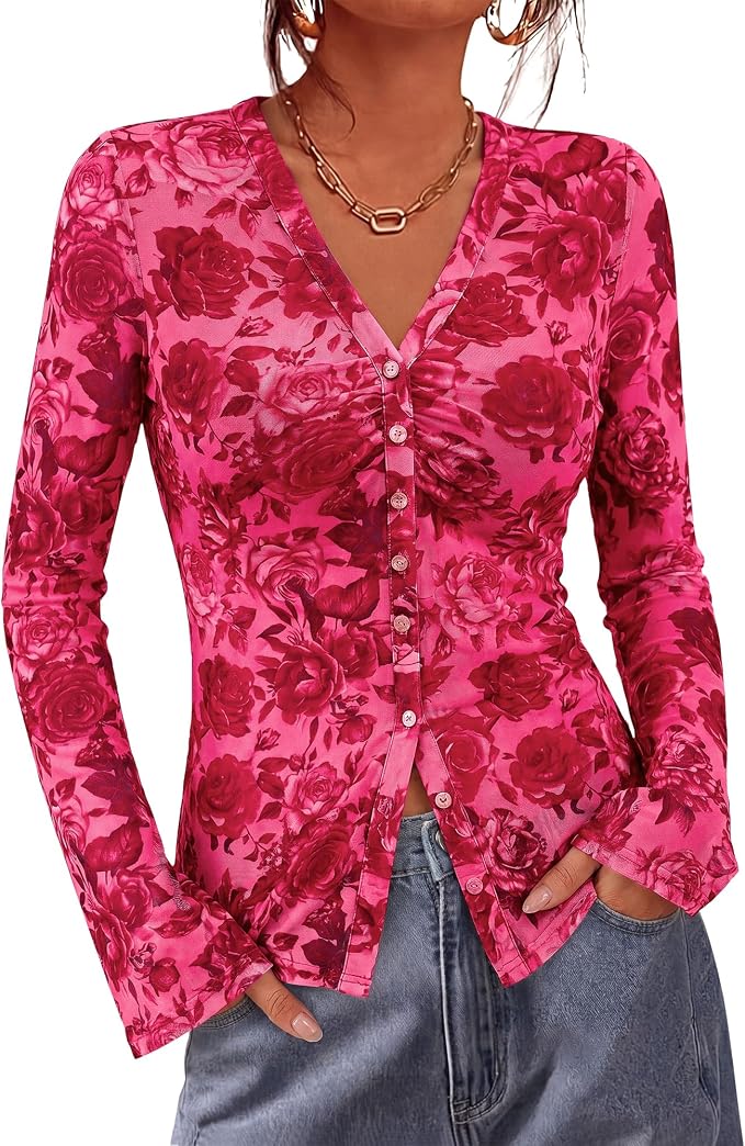 BTFBM Button Down Shirts for Women 2026 Fall Boho Tops V Neck Long Sleeve Blouses Ruched Mesh Fitted Fashion Clothing