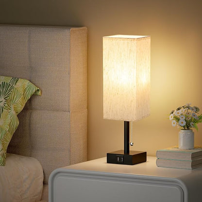 aooshine Pull Chain Small Table Lamp - 3 Color Temperature Bedside Lamp for Bedroom with USB Port, Minimalist Nightstand Lamp with Black Base, Desk Lamp for Kids Room Dorm, Bulb Included | Pull Chain Switch, LED Bulb Included, Cream Fabric Shade, 14.7"...